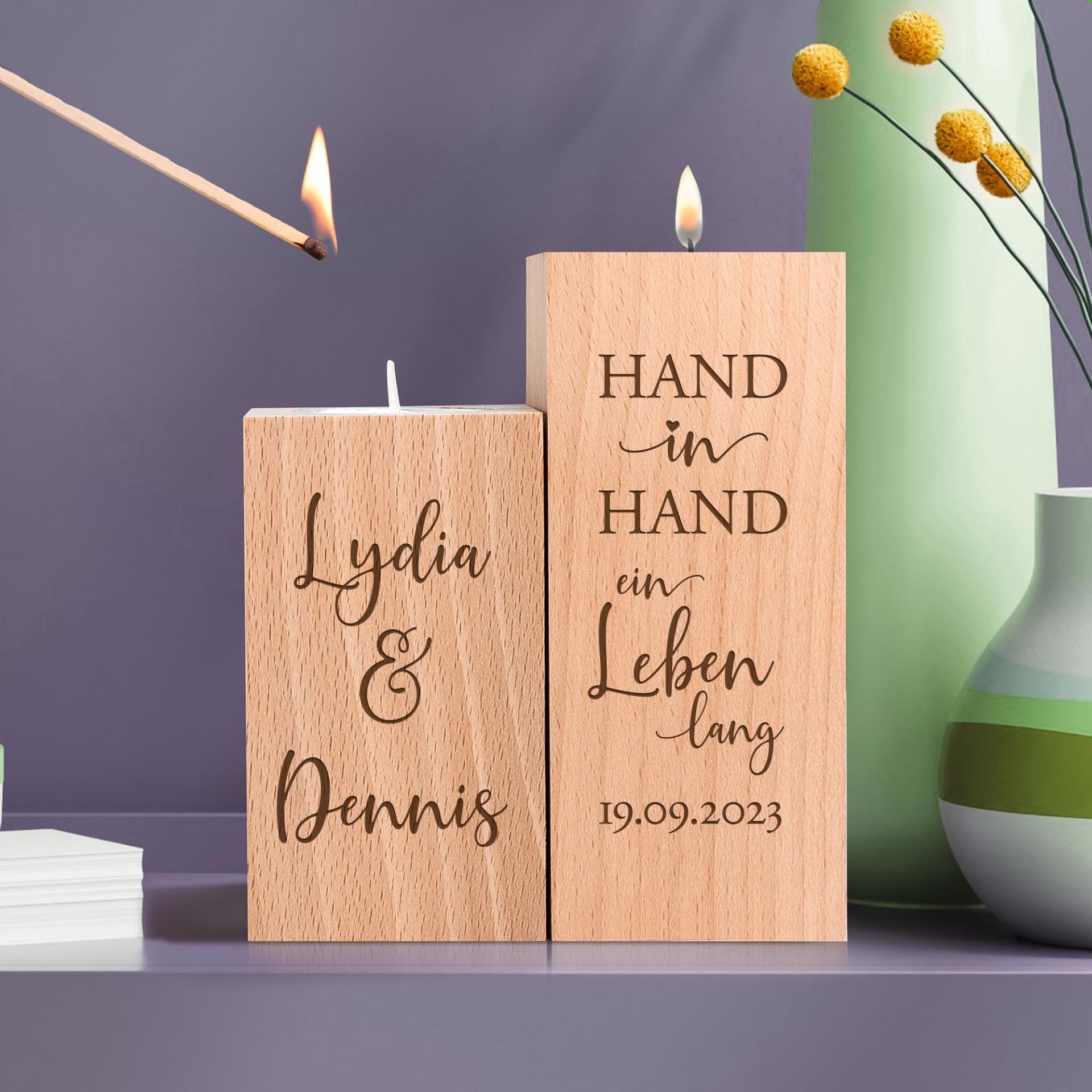 Teelichthalter Set - Eckig - Hochzeitspruch - Hand in Hand - Personalisiert