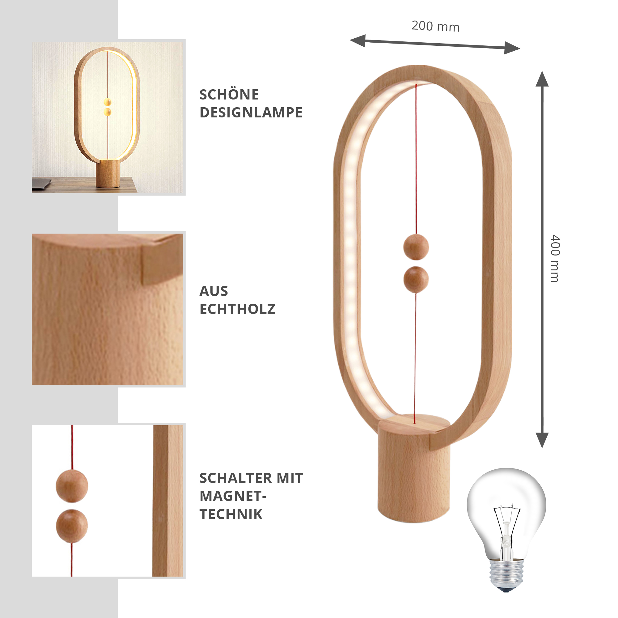 Designer Lampe Balance - kabellose LED Leuchte aus Echtholz